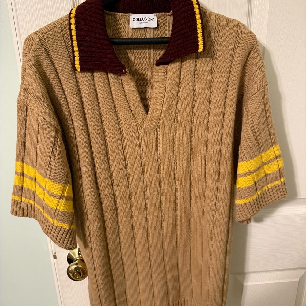 Collusion Men's V-Neck Sweater in Tan with yellow and burgundy trim